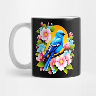 Cute Blue Bird Surrounded by Bold Vibrant Spring Flowers Mug